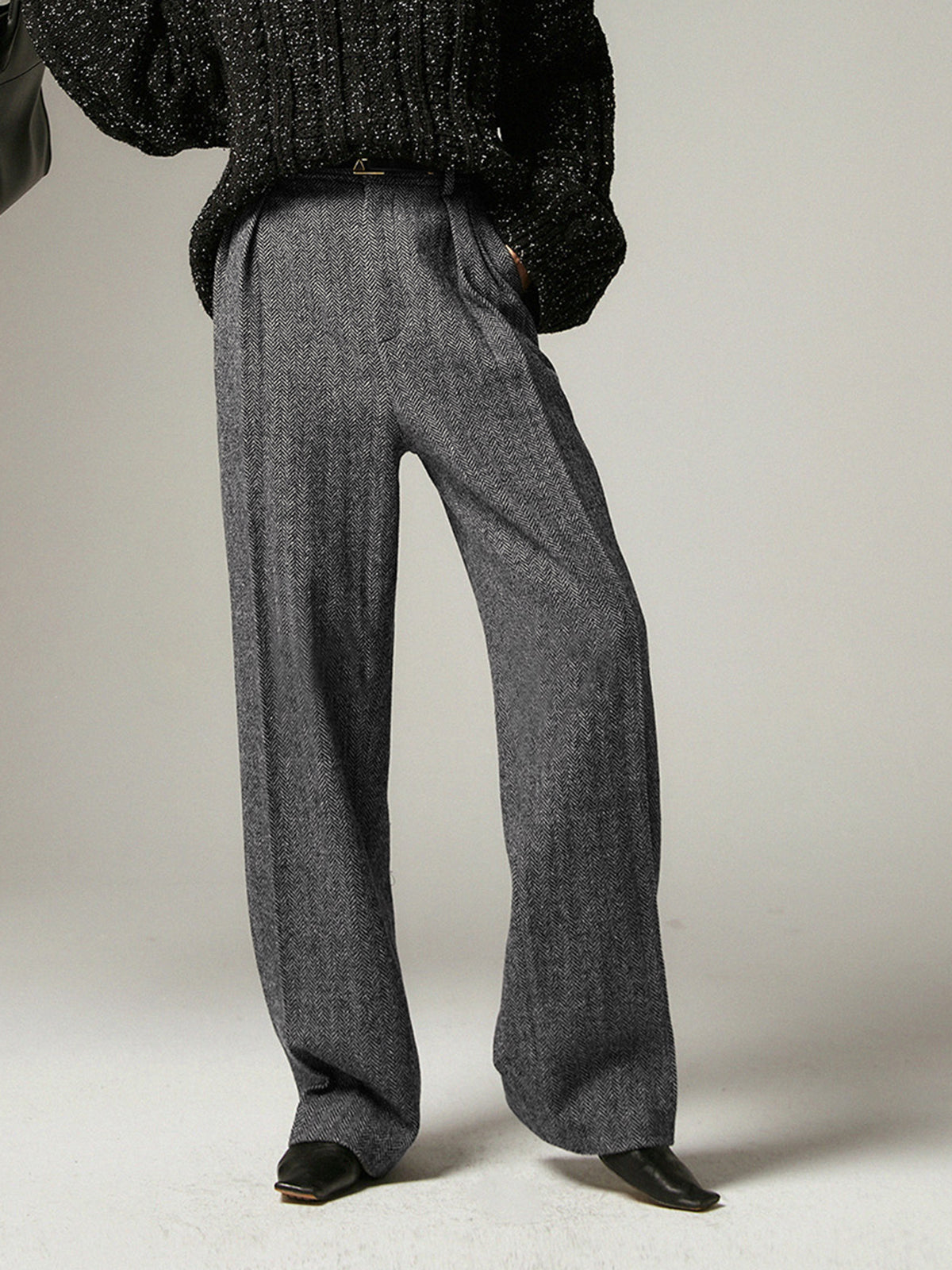 ELA™ - Herringbone Pockets Wide Leg Dress Pants